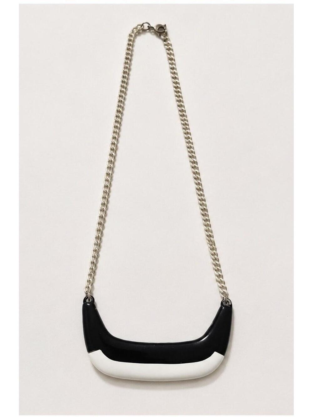 Vintage Black White Mod Statement Necklace Geometric Pendant Silver Tone Chain